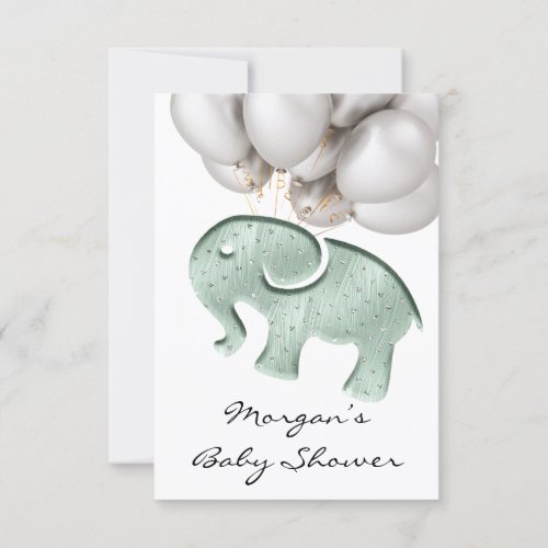 Rose Baby Shower Elephant Mint Ballon White Invitation