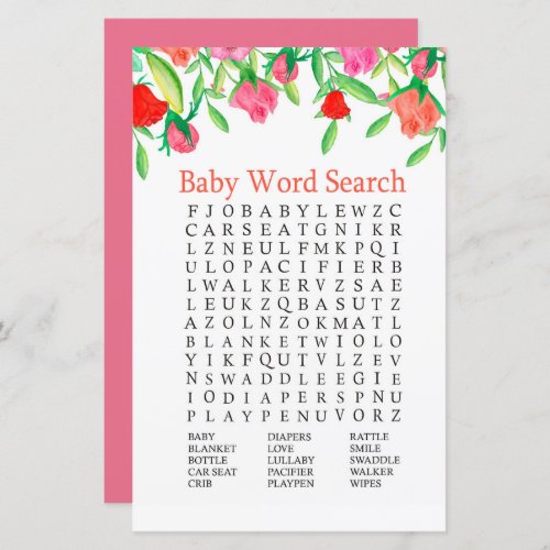 Rose Baby Shower Word Search Game