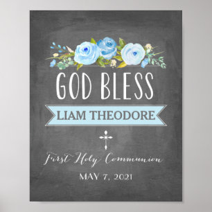 Rose Banner Blue Chalkboard Communion Sign