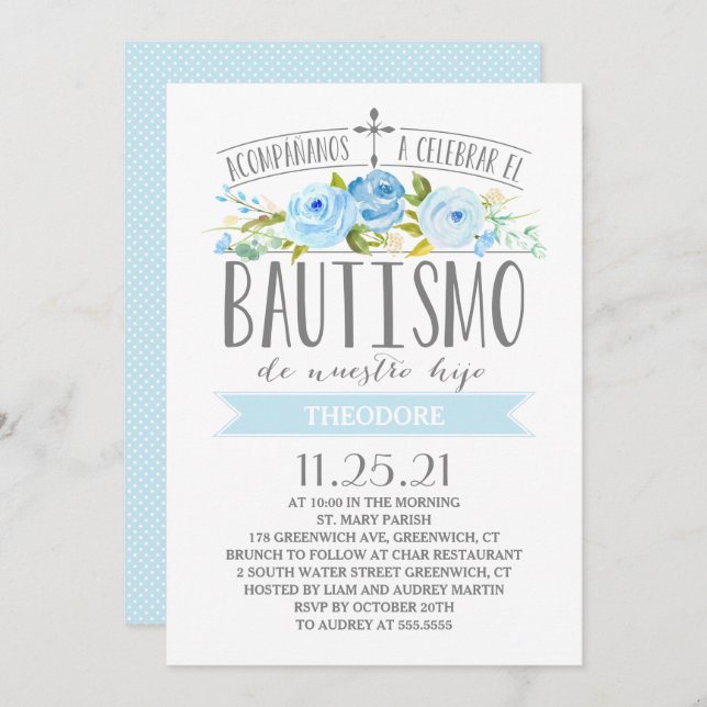 Rose Banner Blue | Spanish Bautismo Invitation (Front/Back)