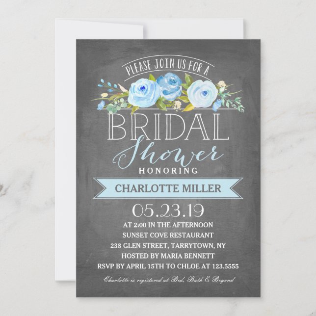 Rose Banner Bridal Shower Invitation Blue (Front)