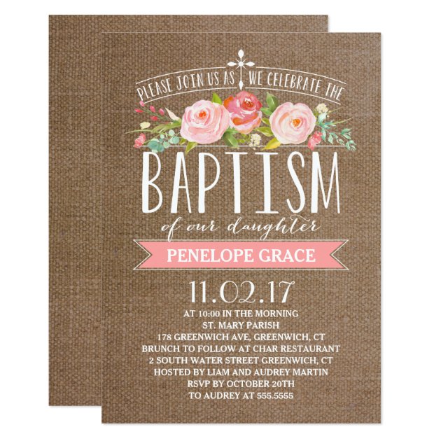 Rose Banner Burlap | Baptism Invitation