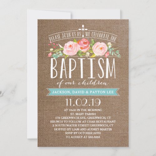 Rose Banner Burlap  Multiples  Baptism Invitation