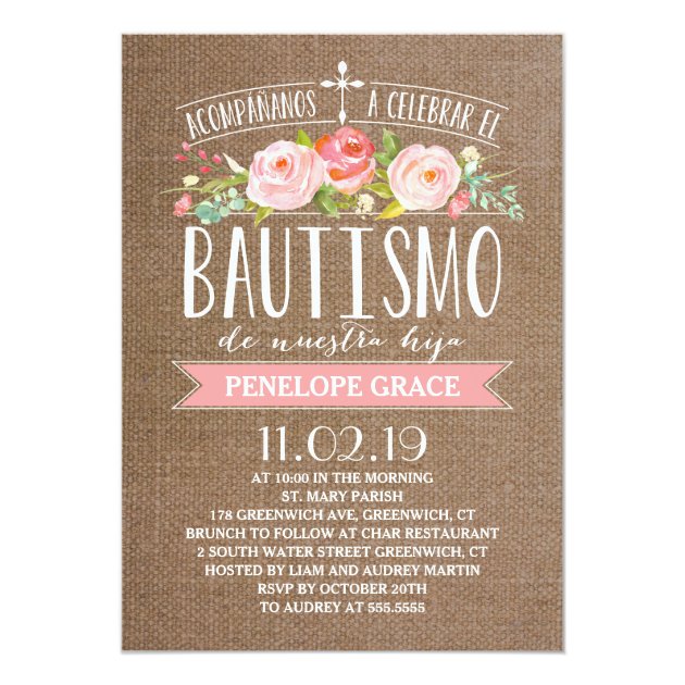 Rose Banner Burlap | Spanish Bautismo Invitation