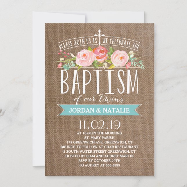 Rose Banner Burlap | Twins Baptism Invitation (Front)