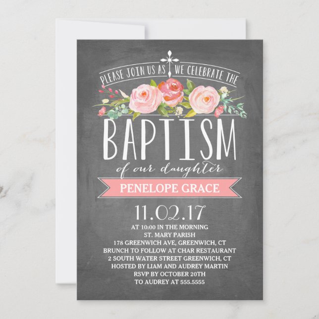 Rose Banner Chalkboard | Baptism Invitation (Front)