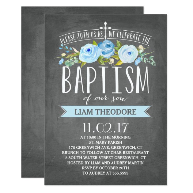 Rose Banner Chalkboard | Blue Baptism Invitation