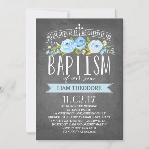 Rose Banner Chalkboard  Blue Baptism Invitation