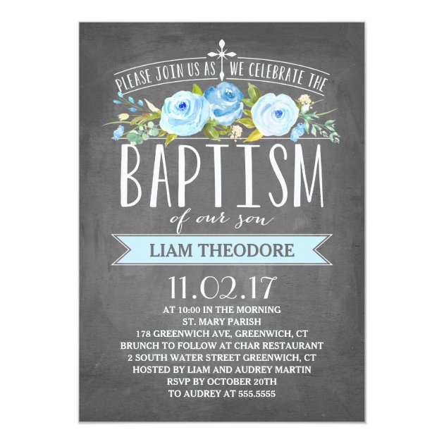 Rose Banner Chalkboard | Blue Baptism Invitation