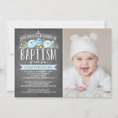 Rose Banner Chalkboard Blue Baptism Invitation