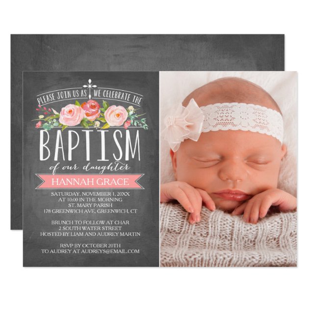 Rose Banner Chalkboard Pink Baptism Invitation