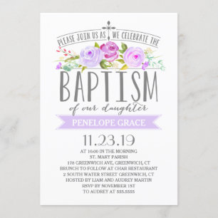 Rose Banner Girl Baptism Invitation Purple