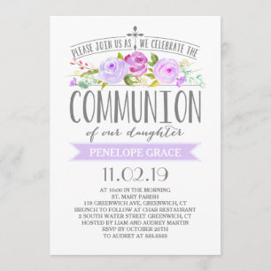 Rose Banner Girl Communion Invitation Purple