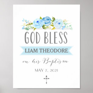 Rose Banner God Bless Blue Baptism Sign