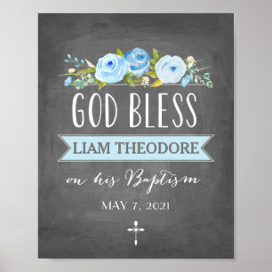 Rose Banner God Bless Blue Chalk Baptism Sign