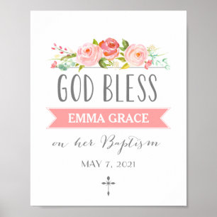 Rose Banner God Bless Pink Baptism Sign