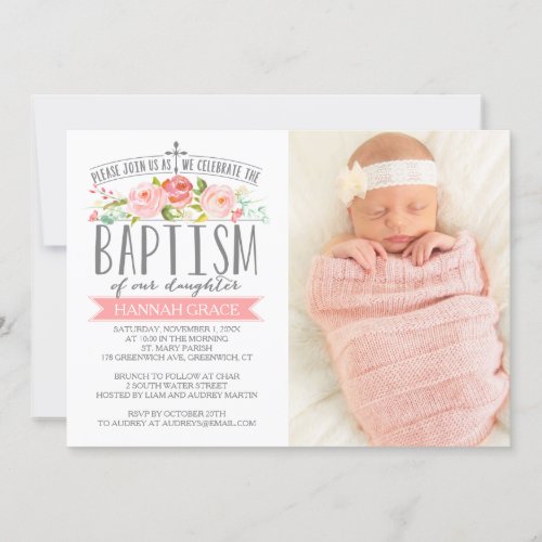 Rose Banner Pink Baptism Invitation