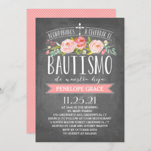 Rose Banner Pink Spanish Bautismo Invitation