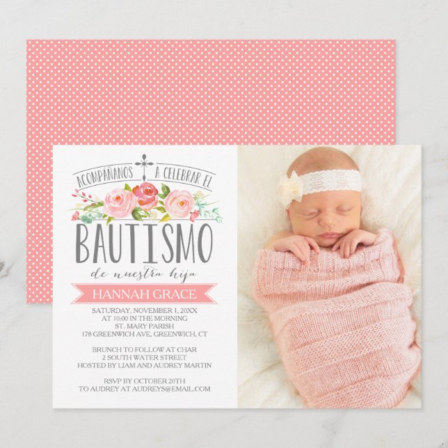 Rose Banner Pink with Photo | Spanish Bautismo Invitation (Front/Back)