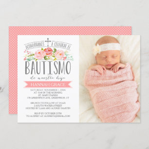 Rose Banner Pink with Photo   Spanish Bautismo Invitation