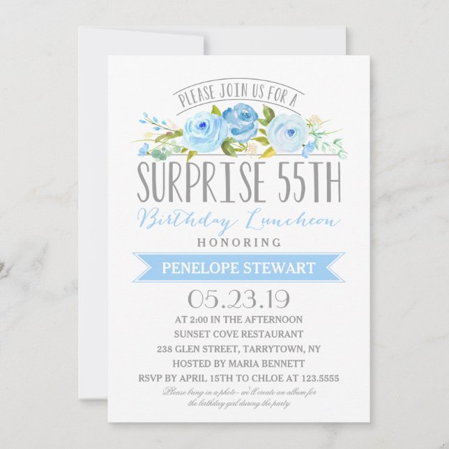 Rose Banner Surprise 55th Birthday Luncheon Invitation (Front)