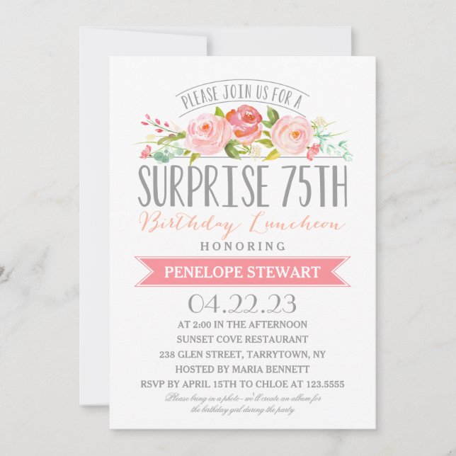 Rose Banner Surprise 75th Birthday Luncheon Invitation (Front)