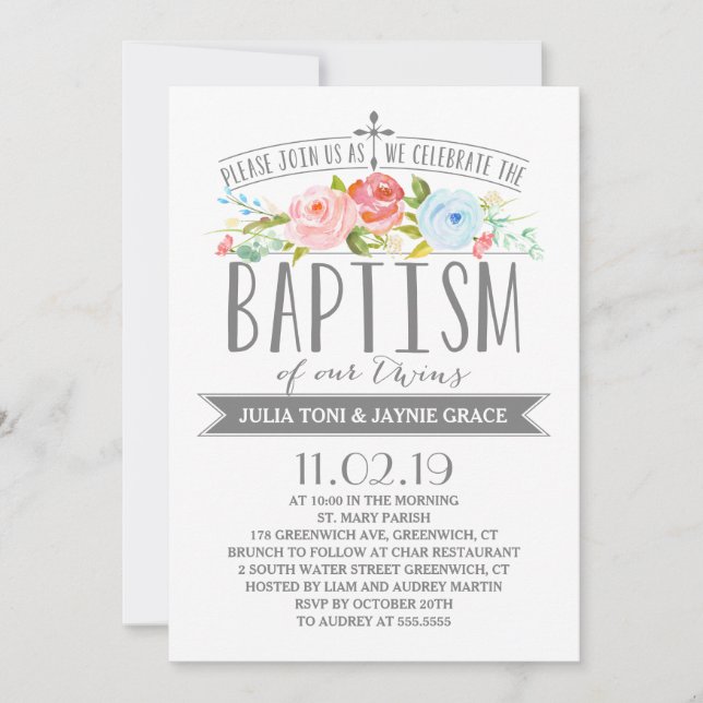 Rose Banner | Twin Boy Girl Baptism Invitation (Front)