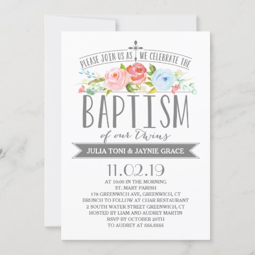 Rose Banner  Twin Boy Girl Baptism Invitation