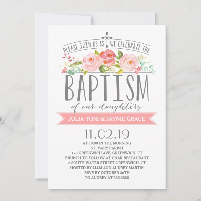 Rose Banner | Twin Girls Baptism Invitation (Front)