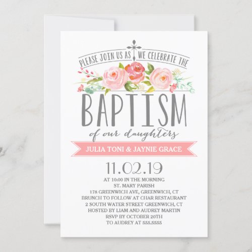 Rose Banner  Twin Girls Baptism Invitation