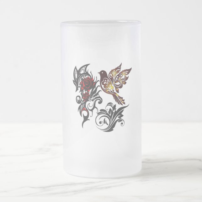 Rose & Bird Beer Glass Frosted Glass Beer Mug (Center)