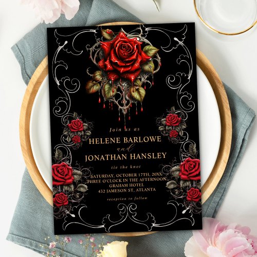 Rose Black Floral Moody Gothic Wedding Invitation