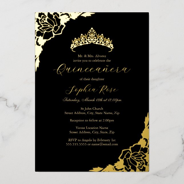 Rose Black Gold Quinceanera Birthday  Foil Invitation (Front)