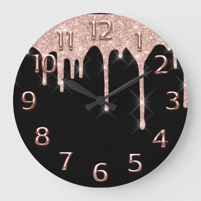 Rose BlackArabic Number Glitter Drip Blush Glitter Large Clock | Zazzle