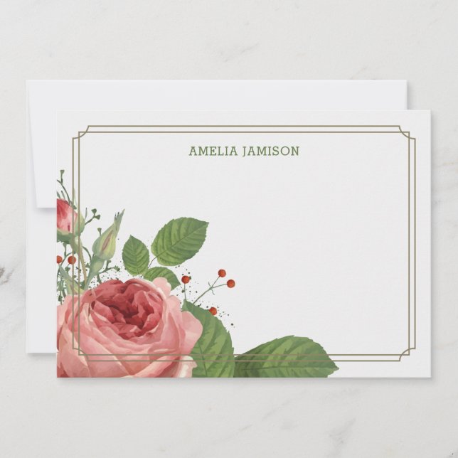 Rose Bloom Personalized Stationery Flat Note Cards (Front)