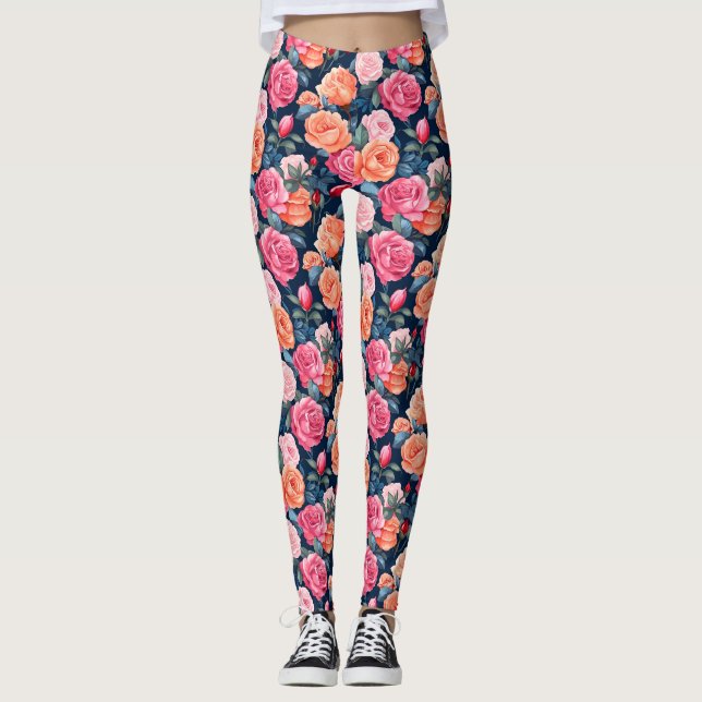Rose Blooming Flowers Pattern-80037 Leggings (Front)