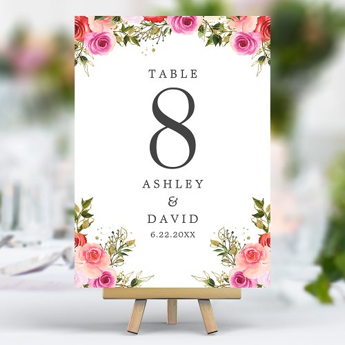 Rose Blooms Floral Chic Watercolor Wedding Table Number