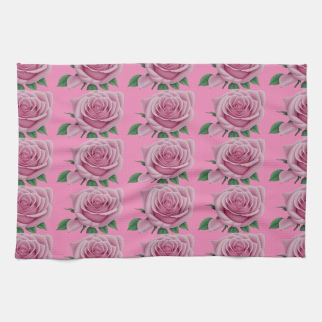 "Rose Blossoms: Modern Pink Kitchen Towel  (Horizontal)