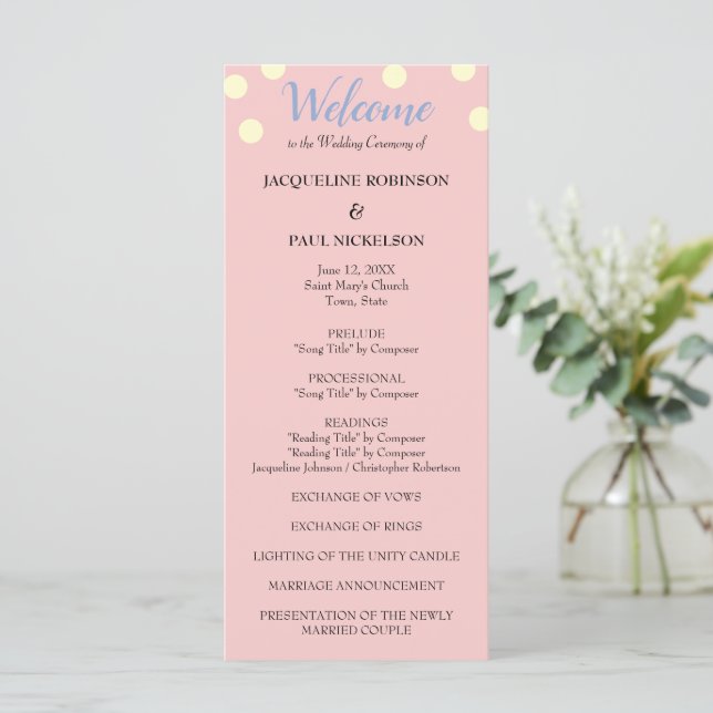 Rose Blue Cream Polka Dots Wedding Program (Standing Front)