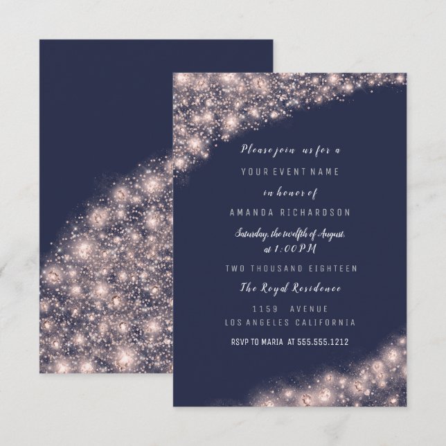 Rose Blue Navy Glitter Bridal Shower Birthday 16th Invitation (Front/Back)