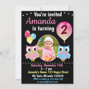 Rose Blue Owl birthday invitation
