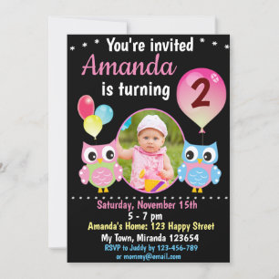 Rose Blue Owl birthday invitation