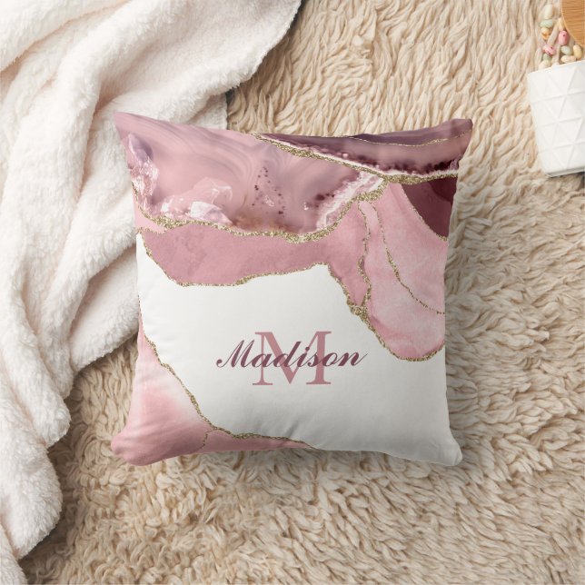 Rose Blush And Gold Glitter Agate Monogram Throw Pillow (Blanket)