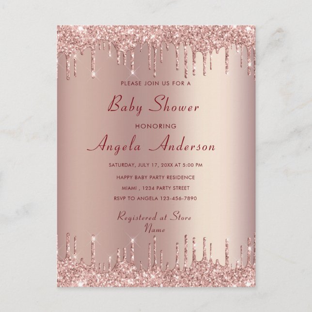 Rose Blush Baby Girl Shower Invitation and QR Code Postcard (Front)