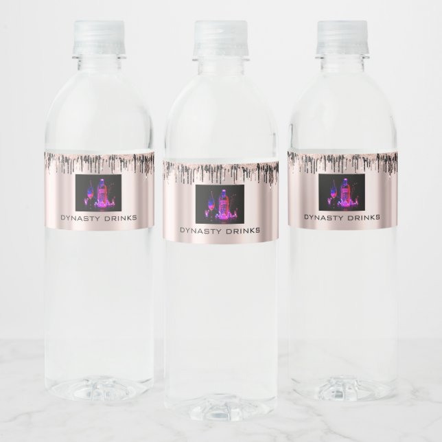 Rose Blush Black Drips Dynasty Drinks Event Logo Water Bottle Label (Bottles)
