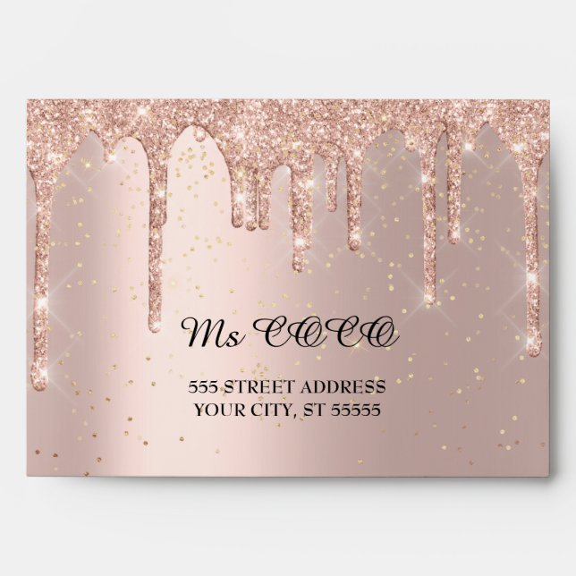 Rose Blush Drips Wedding Corporate Gold Confetti Envelope (Front)
