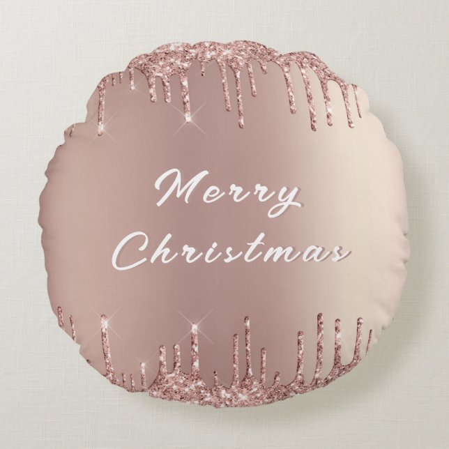 Rose Blush Glitter Drips Christmas Round Pillow (Front)