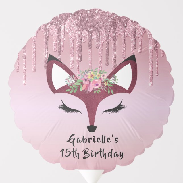 Rose Blush Glitter Paint Girly Fox Birthday Balloon (Front)