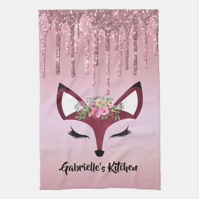 Rose Blush Glitter Paint Girly Fox Kitchen Towel (Vertical)