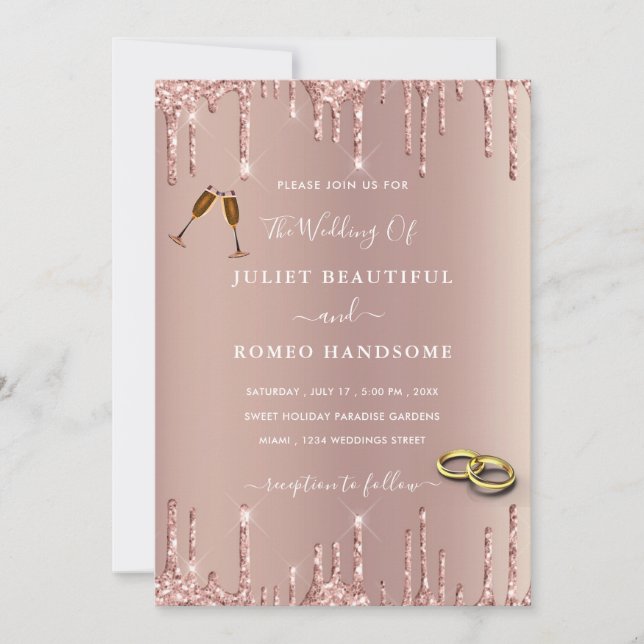 Rose Blush Glitter Wedding Invitation Template (Front)